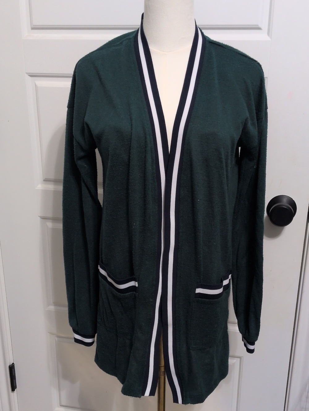 Almost Famous Dark Green Varsity Striped Open Front Cardigan